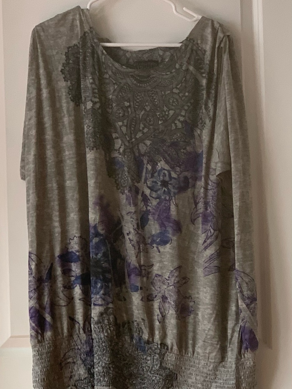 Evolution by JMS Women's Gray Floral Tunic Top with Purple Accents